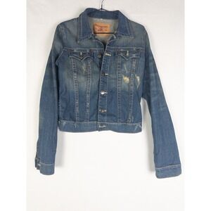 Sutters Denim Jacket Womens M (s) Blue Dark Wash Distressed Trucker Outdoor